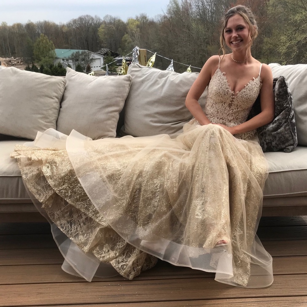 Gautier gold sparkle prom dress
